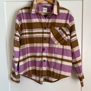 Kensie Plaid Button-Down Shirt Jacket - Purple and Brown